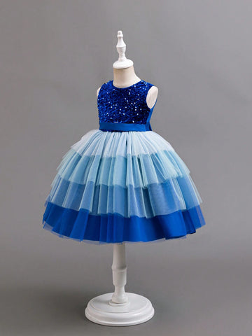 Christmas Partywear Santa Dress, Girls Lovely Vacation Birthday Party Sleeveless Mesh Cake Dress With Floral Belt, Princess Dress