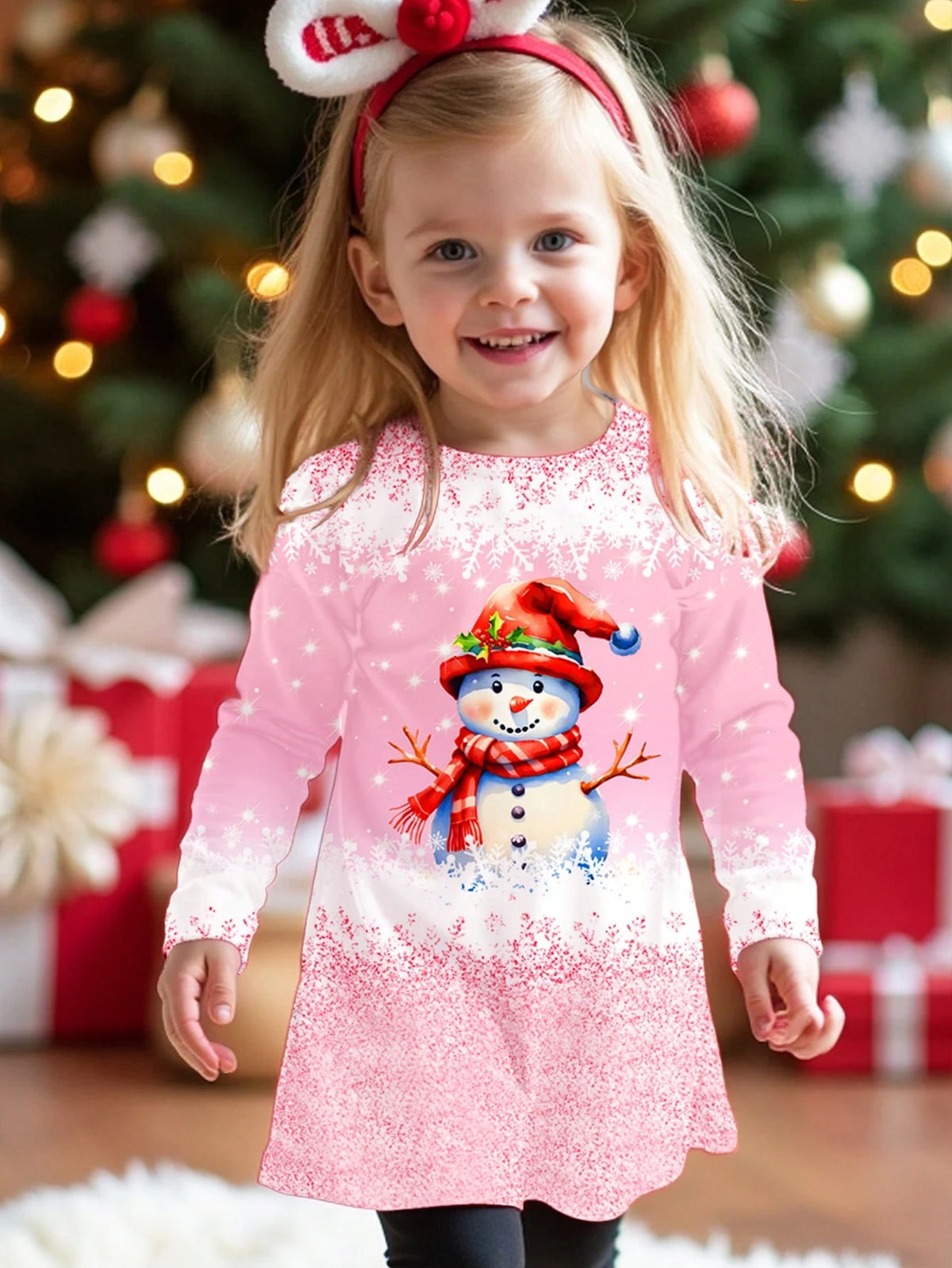 Christmas Pretty Snowman Pink! Young Girls Casual Loose Fit Long Sleeve Bodycon Dress, Suitable For Autumn/Winter