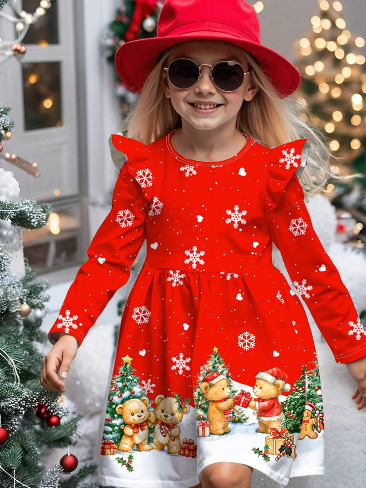 Christmas Print, Santa Bear, Gingerbread Man, Heart Snowflake Print, Cute Bow Cartoon Print Sweet Long Sleeve Dress