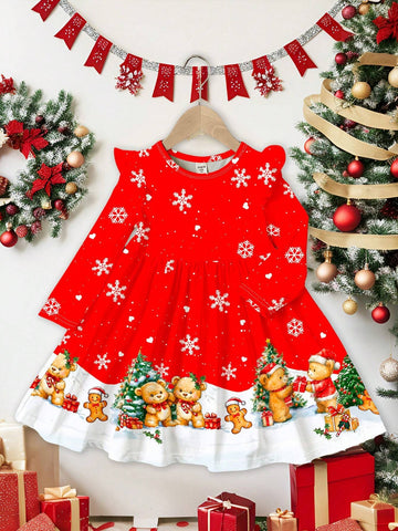 Christmas Print, Santa Bear, Gingerbread Man, Heart Snowflake Print, Cute Bow Cartoon Print Sweet Long Sleeve Dress