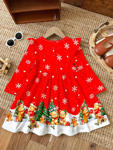 Christmas Print, Santa Bear, Gingerbread Man, Heart Snowflake Print, Cute Bow Cartoon Print Sweet Long Sleeve Dress