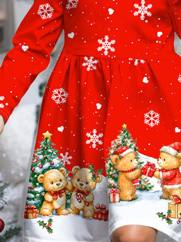 Christmas Print, Santa Bear, Gingerbread Man, Heart Snowflake Print, Cute Bow Cartoon Print Sweet Long Sleeve Dress