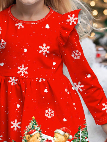 Christmas Print, Santa Bear, Gingerbread Man, Heart Snowflake Print, Cute Bow Cartoon Print Sweet Long Sleeve Dress