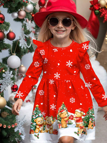 Christmas Print, Santa Bear, Gingerbread Man, Heart Snowflake Print, Cute Bow Cartoon Print Sweet Long Sleeve Dress