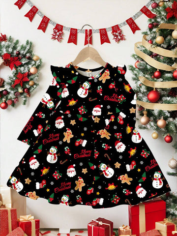 Christmas Printed, Merry Christmas, Gingerbread Man, Candy Cane Santa Snowman Print, Sweet Bow Cartoon Print Young Girl Fashion Long Sleeve Dress