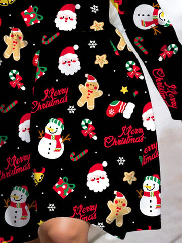 Christmas Printed, Merry Christmas, Gingerbread Man, Candy Cane Santa Snowman Print, Sweet Bow Cartoon Print Young Girl Fashion Long Sleeve Dress