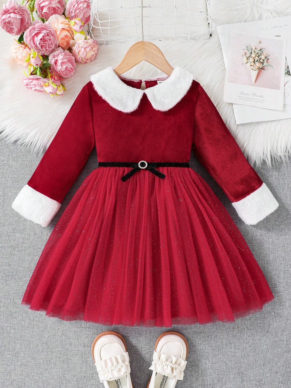 Christmas Red Girls Young Girl Dresses With Contrast Furry Collar, Mesh Patchwork, Bow Waist Decoration, For Winter