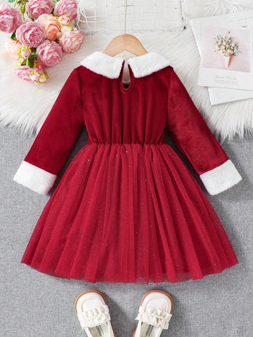 Christmas Red Girls Young Girl Dresses With Contrast Furry Collar, Mesh Patchwork, Bow Waist Decoration, For Winter