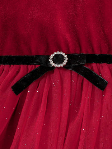 Christmas Red Girls Young Girl Dresses With Contrast Furry Collar, Mesh Patchwork, Bow Waist Decoration, For Winter