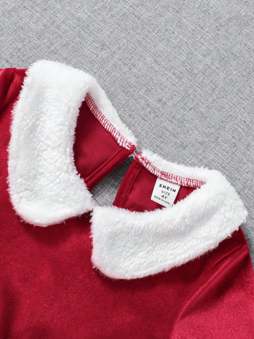 Christmas Red Girls Young Girl Dresses With Contrast Furry Collar, Mesh Patchwork, Bow Waist Decoration, For Winter