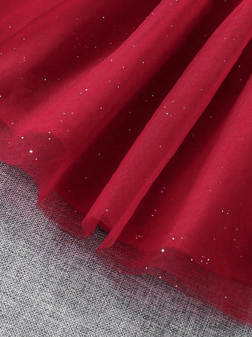 Christmas Red Girls Young Girl Dresses With Contrast Furry Collar, Mesh Patchwork, Bow Waist Decoration, For Winter