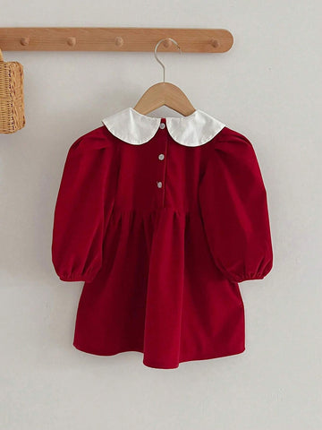 Christmas Red Long Sleeve Peter Pan Collar Girls Dress