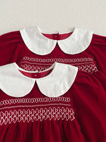 Christmas Red Long Sleeve Peter Pan Collar Girls Dress