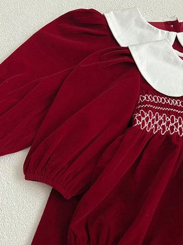 Christmas Red Long Sleeve Peter Pan Collar Girls Dress