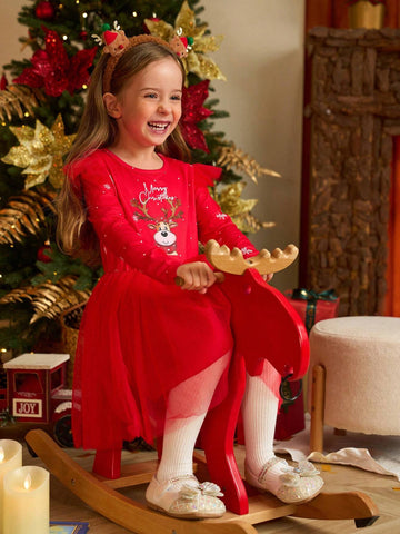 Christmas Red Tulle Cap Sleeve Dress For Little Girls