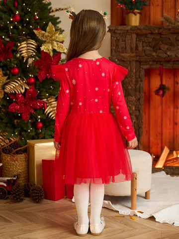 Christmas Red Tulle Cap Sleeve Dress For Little Girls
