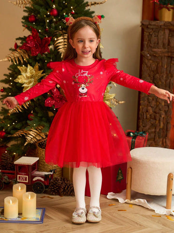 Christmas Red Tulle Cap Sleeve Dress For Little Girls