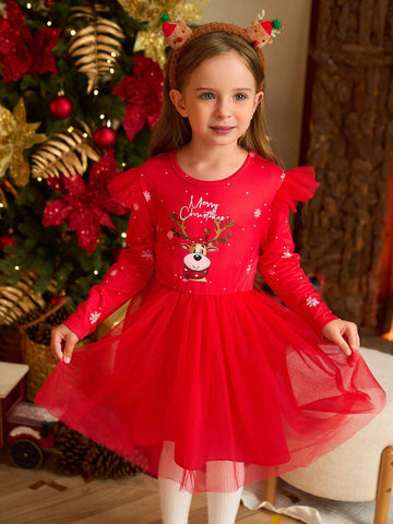 Christmas Red Tulle Cap Sleeve Dress For Little Girls