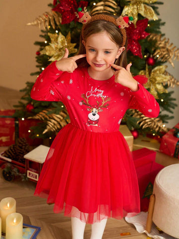 Christmas Red Tulle Cap Sleeve Dress For Little Girls