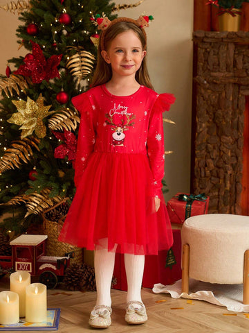 Christmas Red Tulle Cap Sleeve Dress For Little Girls