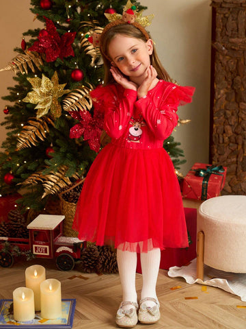 Christmas Red Tulle Cap Sleeve Dress For Little Girls