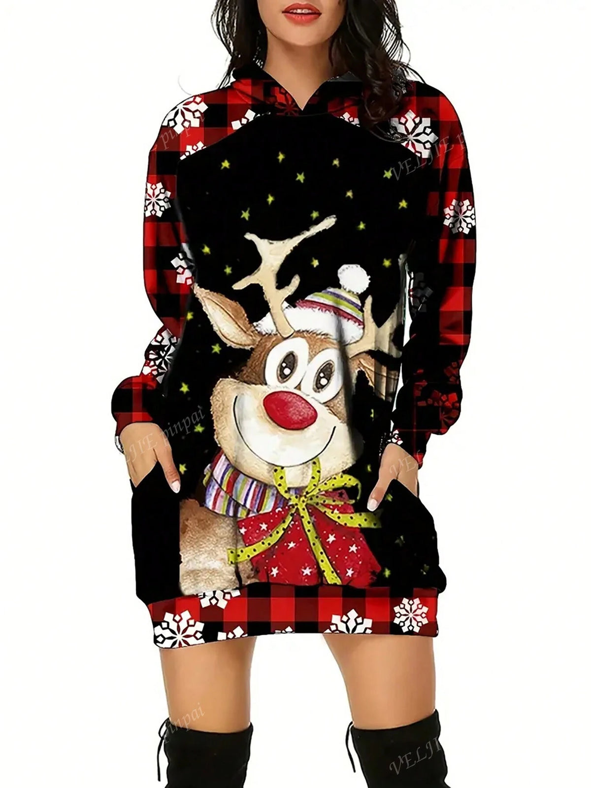 Christmas Reindeer, Snowflake & Plaid Print Hooded Mini Dress, Long Sleeve Christmas Dress For Autumn/Winter