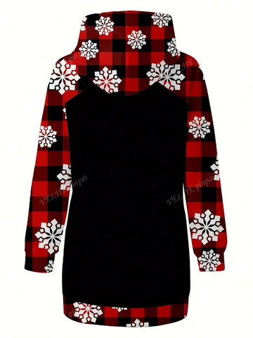 Christmas Reindeer, Snowflake & Plaid Print Hooded Mini Dress, Long Sleeve Christmas Dress For Autumn/Winter