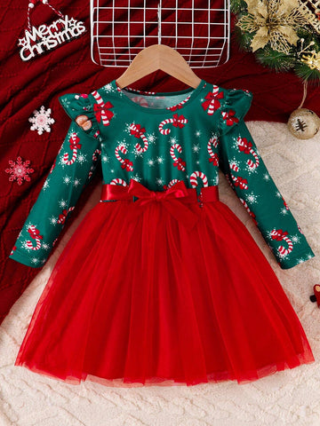 Christmas Snow Man & Snowflake Print Ruffle Hem Mesh Panel Dress With Belt