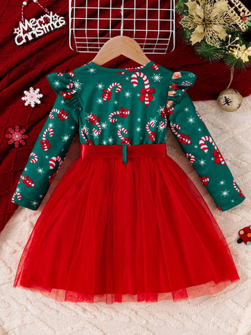 Christmas Snow Man & Snowflake Print Ruffle Hem Mesh Panel Dress With Belt
