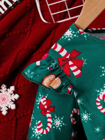 Christmas Snow Man & Snowflake Print Ruffle Hem Mesh Panel Dress With Belt