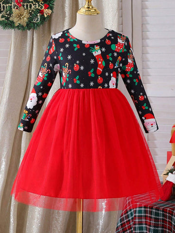 Christmas Theme Print Mesh Patchwork Long Sleeve Dress For Young Girls