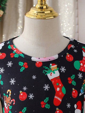 Christmas Theme Print Mesh Patchwork Long Sleeve Dress For Young Girls