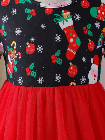Christmas Theme Print Mesh Patchwork Long Sleeve Dress For Young Girls