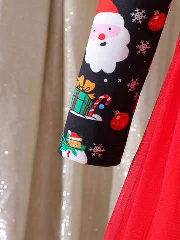 Christmas Theme Print Mesh Patchwork Long Sleeve Dress For Young Girls