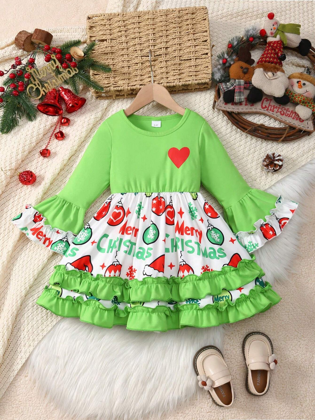 Christmas Toddler Girls Crew Neck Cute Heart Ruffle Long Sleeve Balloon Letter & Cake Print Dress