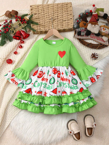 Christmas Toddler Girls Crew Neck Cute Heart Ruffle Long Sleeve Balloon Letter & Cake Print Dress