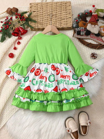 Christmas Toddler Girls Crew Neck Cute Heart Ruffle Long Sleeve Balloon Letter & Cake Print Dress