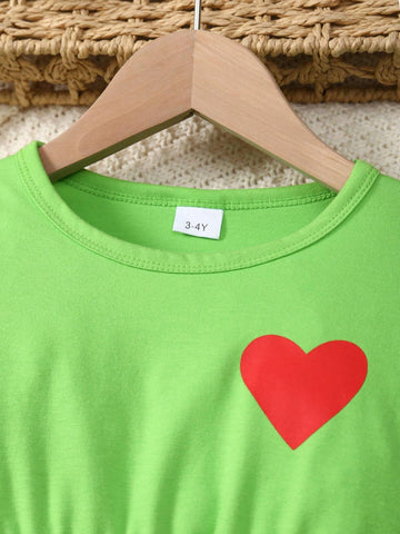Christmas Toddler Girls Crew Neck Cute Heart Ruffle Long Sleeve Balloon Letter & Cake Print Dress