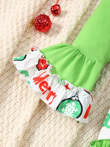 Christmas Toddler Girls Crew Neck Cute Heart Ruffle Long Sleeve Balloon Letter & Cake Print Dress