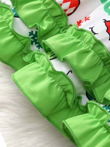 Christmas Toddler Girls Crew Neck Cute Heart Ruffle Long Sleeve Balloon Letter & Cake Print Dress