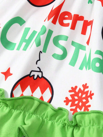 Christmas Toddler Girls Crew Neck Cute Heart Ruffle Long Sleeve Balloon Letter & Cake Print Dress