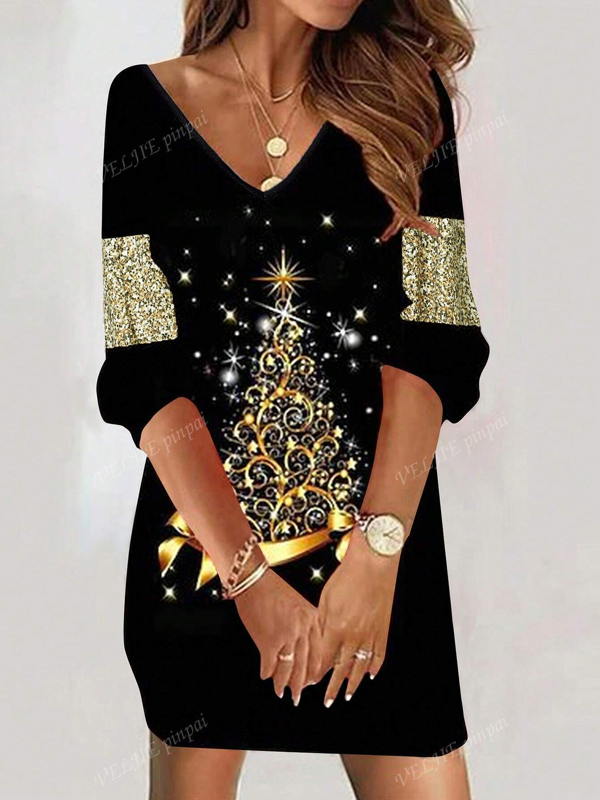 Christmas Tree Print V-Neck Long Sleeve Autumn/Winter Dress