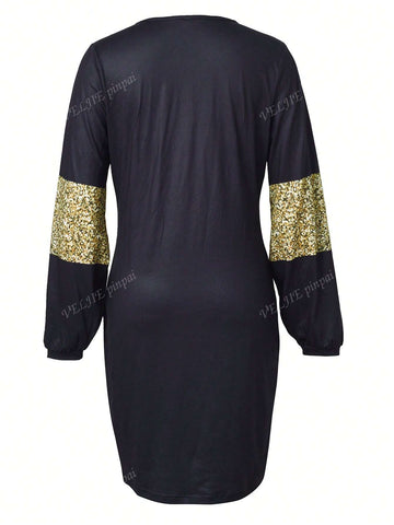 Christmas Tree Print V-Neck Long Sleeve Autumn/Winter Dress