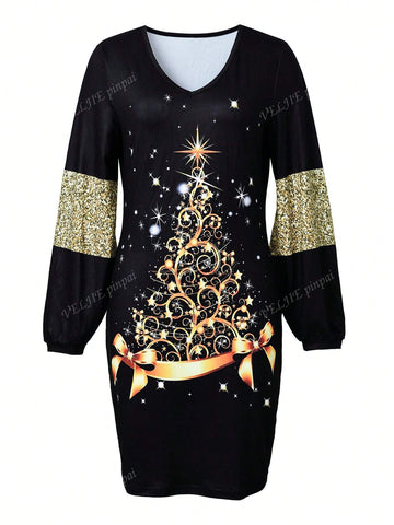 Christmas Tree Print V-Neck Long Sleeve Autumn/Winter Dress