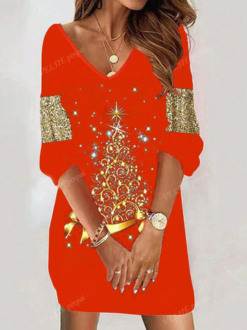 Christmas Tree Print V-Neck Long Sleeve Dress, Autumn/Winter