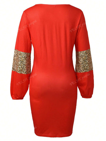 Christmas Tree Print V-Neck Long Sleeve Dress, Autumn/Winter