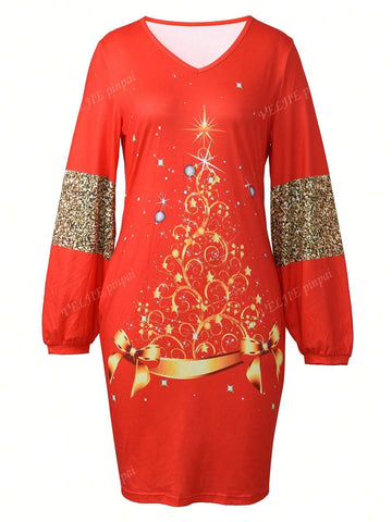 Christmas Tree Print V-Neck Long Sleeve Dress, Autumn/Winter