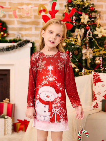 Christmas Young Girl Fashion Casual Snowman & Christmas Text Graphic Print Long Sleeve Dress, Ideal Christmas Party & Gift