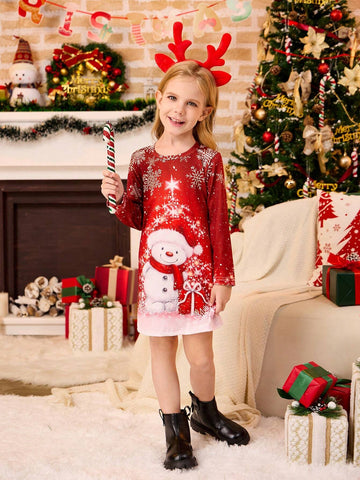 Christmas Young Girl Fashion Casual Snowman & Christmas Text Graphic Print Long Sleeve Dress, Ideal Christmas Party & Gift