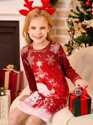 Christmas Young Girl Fashion Casual Snowman & Christmas Text Graphic Print Long Sleeve Dress, Ideal Christmas Party & Gift